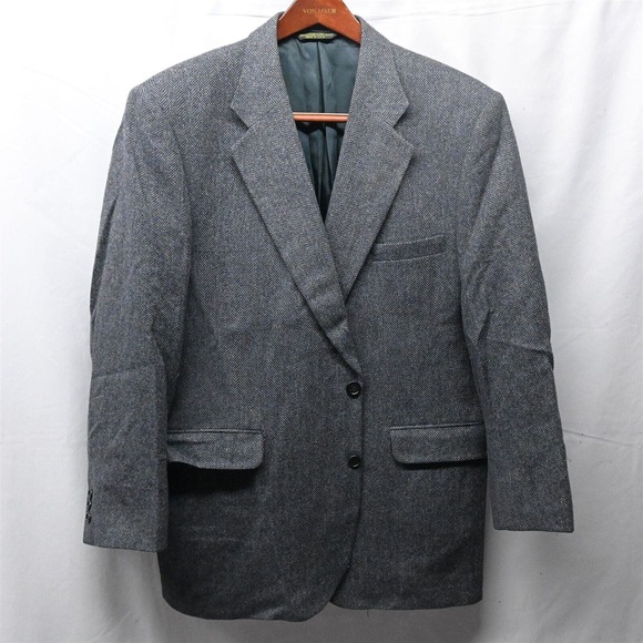 Vtg 90s 42R Blue Herringbone Tweed Wool 2 Button‎ Blazer Jacket Sport Coat - Picture 1 of 10
